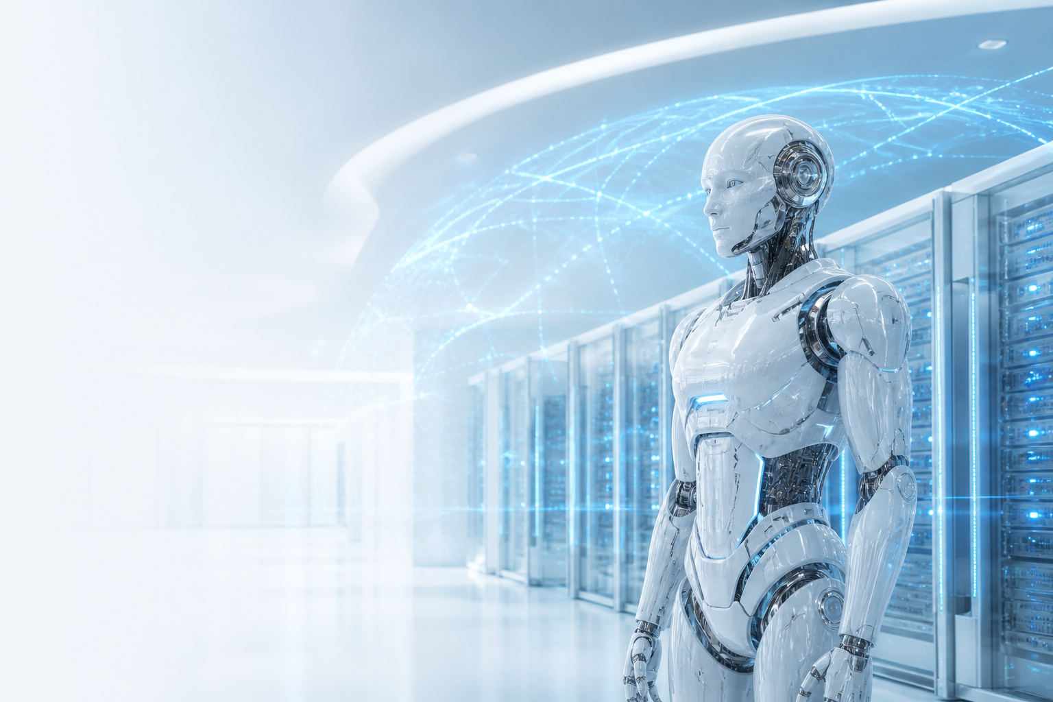 Silver AI robot in a bright GPU data center with blue data streams